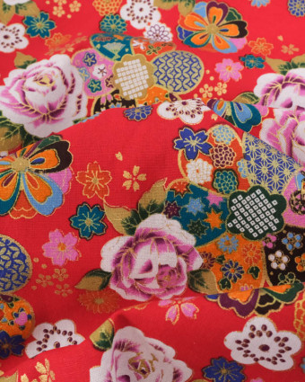 Tissu Coton Imprimé Rose et Sakura Rouge - Mercerine