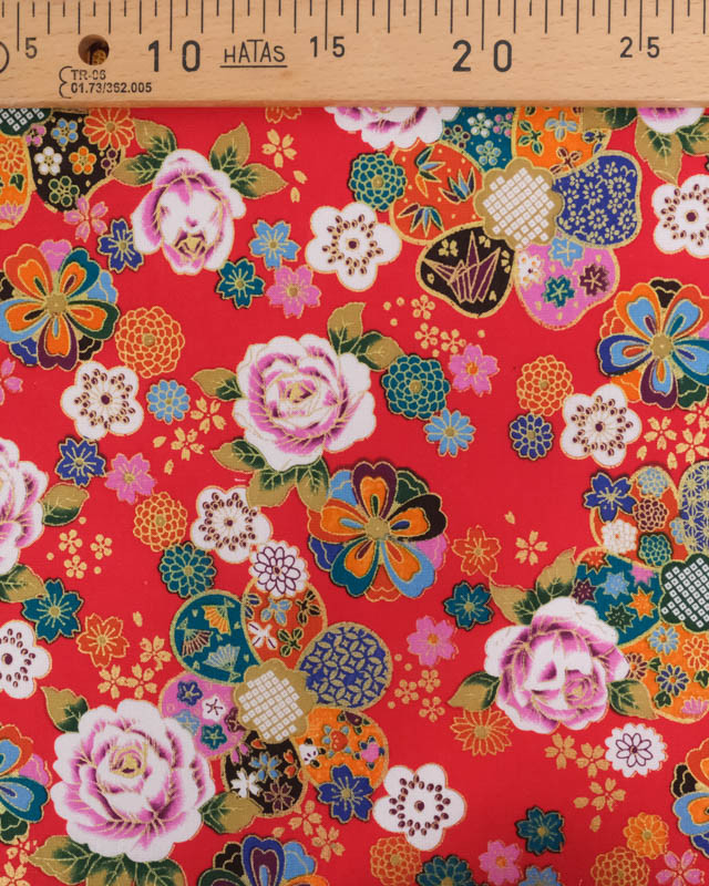 Tissu Coton Imprimé Rose et Sakura Rouge - Mercerine