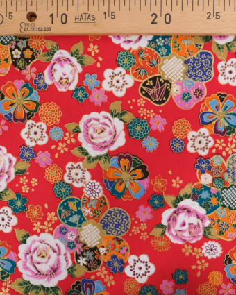 Tissu Coton Imprimé Rose et Sakura Rouge - Mercerine