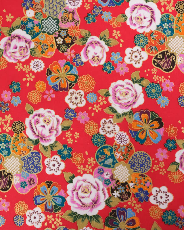Tissu Coton Imprimé Rose et Sakura Rouge - Mercerine