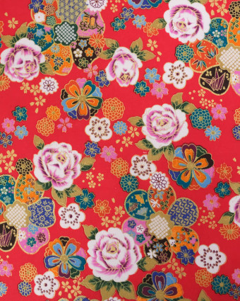 Tissu Coton Imprimé Rose et Sakura Rouge - Mercerine