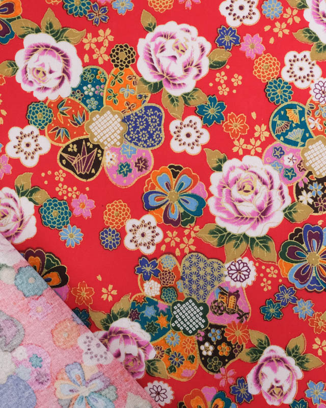 Tissu Coton Imprimé Rose et Sakura Rouge - Mercerine