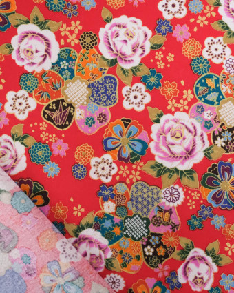 Tissu Coton Imprimé Rose et Sakura Rouge - Mercerine