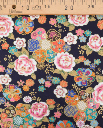 Tissu Coton Imprimé Rose et Sakura Bleu Marine - Mercerine
