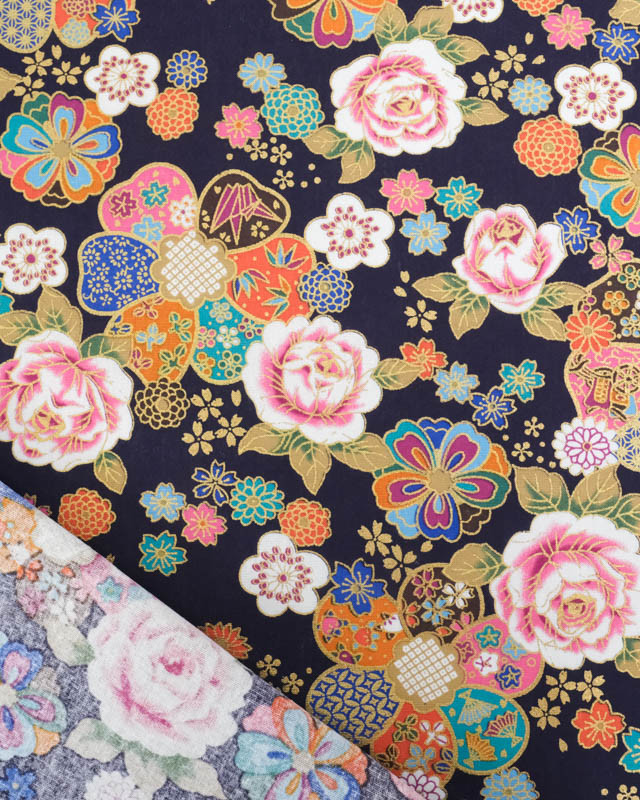 Tissu Coton Imprimé Rose et Sakura Bleu Marine - Mercerine