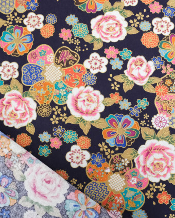 Tissu Coton Imprimé Rose et Sakura Bleu Marine - Mercerine