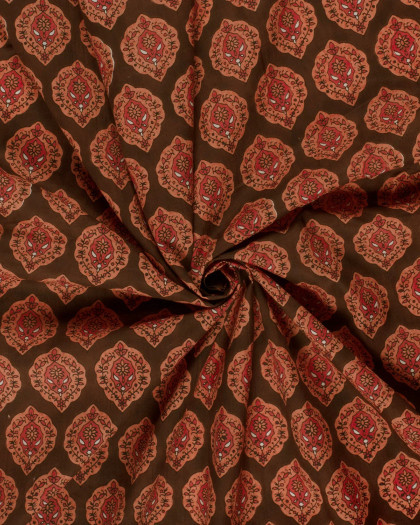 Voile de Coton  Esprit Indien Marron Motif Oranger Fleuri - Mercerine