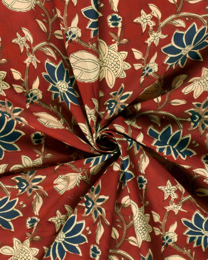 Voile de Coton Esprit Indien Rouge Imprimé Fleuri Beige et Bleu - Mercerine