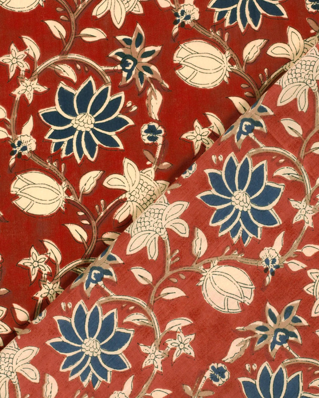 Tissu Indien : Voile de Coton  Rouge Imprimé Fleuri Beige et Bleu - Mercerine