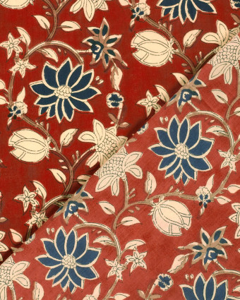 Tissu Indien : Voile de Coton  Rouge Imprimé Fleuri Beige et Bleu - Mercerine