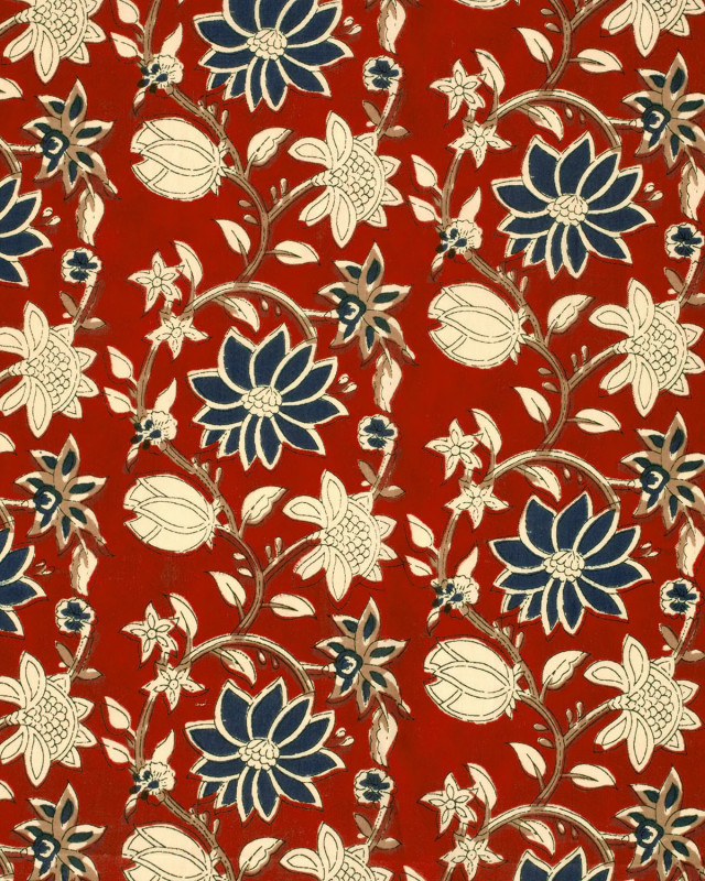 Tissu Indien : Voile de Coton  Rouge Imprimé Fleuri Beige et Bleu - Mercerine