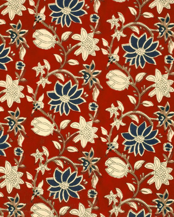 Tissu Indien : Voile de Coton  Rouge Imprimé Fleuri Beige et Bleu - Mercerine