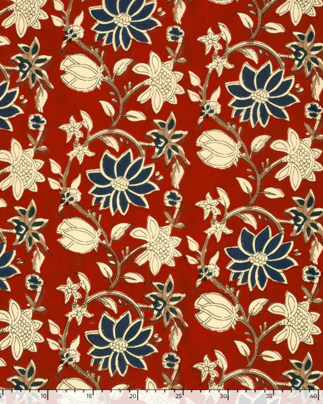 Tissu Indien : Voile de Coton  Rouge Imprimé Fleuri Beige et Bleu - Mercerine