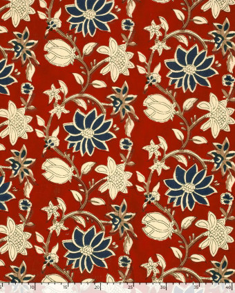 Tissu Indien : Voile de Coton  Rouge Imprimé Fleuri Beige et Bleu - Mercerine