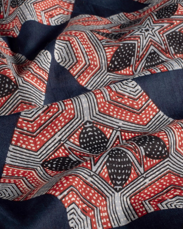 Tissu Indien : Voile de Coton  Indigo Motif Ethnqiue Rouge - Mercerine