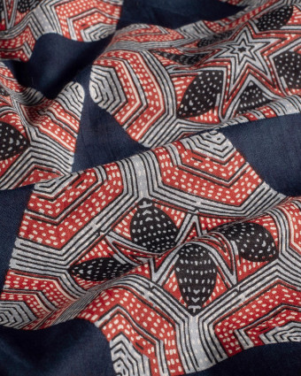 Tissu Indien : Voile de Coton  Indigo Motif Ethnqiue Rouge - Mercerine