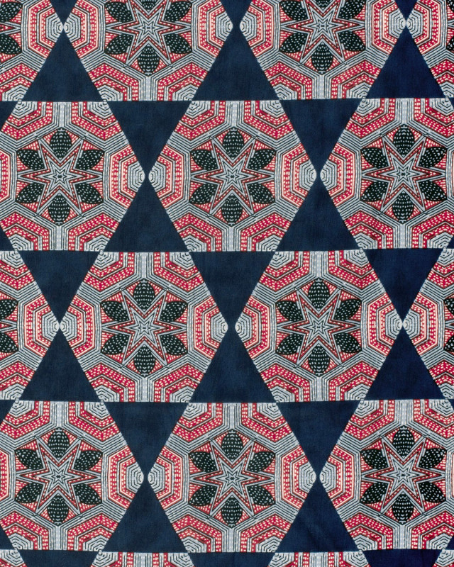 Tissu Indien : Voile de Coton  Indigo Motif Ethnqiue Rouge - Mercerine