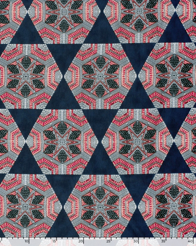 Tissu Indien : Voile de Coton  Indigo Motif Ethnqiue Rouge - Mercerine