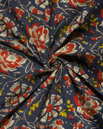 Voile de Coton Esprit Indien Indigo Motif Floral Rouge et Jaune - Mercerine