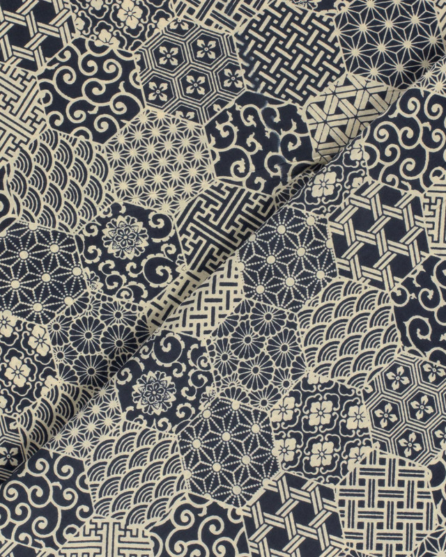 Tissu Indien : Voile de Coton  Indigo Patchwork Ethnqiue - Mercerine