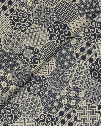 Tissu Indien : Voile de Coton  Indigo Patchwork Ethnqiue - Mercerine