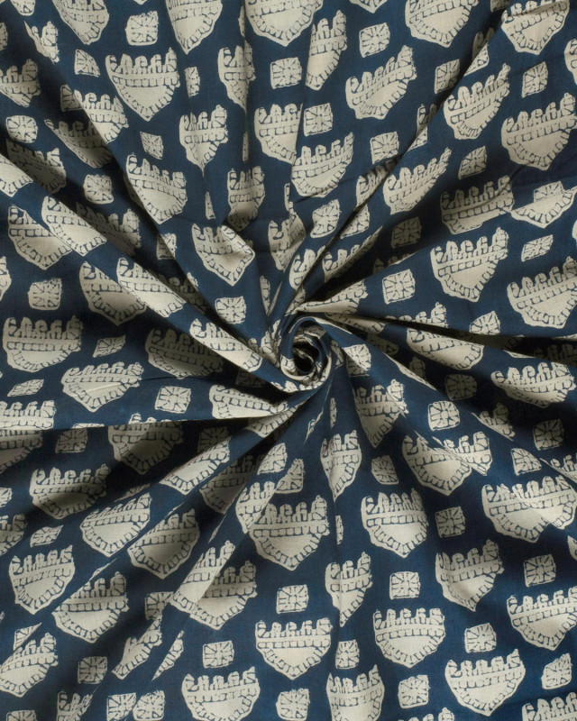 Tissu Indien : Voile de Coton  Bleu Foncé Motif Ethnique Beige - Mercerine