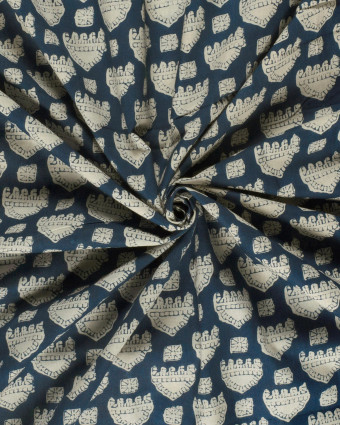 Tissu Indien : Voile de Coton  Bleu Foncé Motif Ethnique Beige - Mercerine