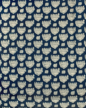 Tissu Indien : Voile de Coton  Bleu Foncé Motif Ethnique Beige - Mercerine