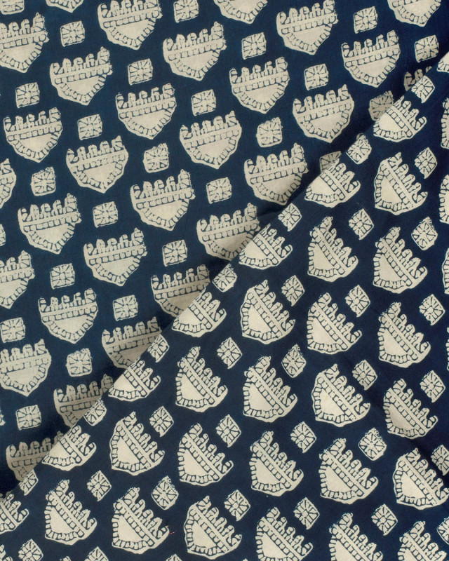 Tissu Indien : Voile de Coton  Bleu Foncé Motif Ethnique Beige - Mercerine