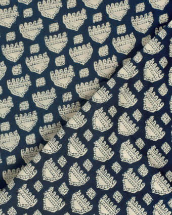 Tissu Indien : Voile de Coton  Bleu Foncé Motif Ethnique Beige - Mercerine