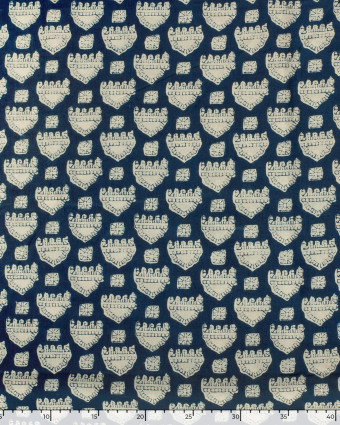 Tissu Indien : Voile de Coton  Bleu Foncé Motif Ethnique Beige - Mercerine