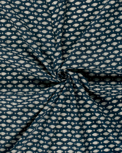 Voile de Coton Esprit Indien Bleu Foncé Petits Poissons Beiges - Mercerine