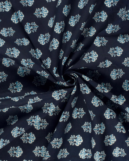 Voile de Coton Esprit Indien Petit Motif Floral Bleu Ciel - Mercerine