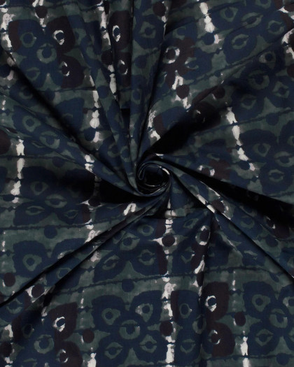 Voile de Coton Esprit Indien Vert de Gris Fleurs Bleues - Mercerine