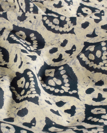 Tissu Indien : Voile de Coton  Motif Ethnique Beige et Indigo - Mercerine