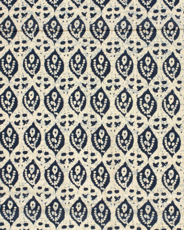 Tissu Indien : Voile de Coton  Motif Ethnique Beige et Indigo - Mercerine