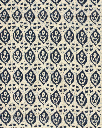 Tissu Indien : Voile de Coton  Motif Ethnique Beige et Indigo - Mercerine