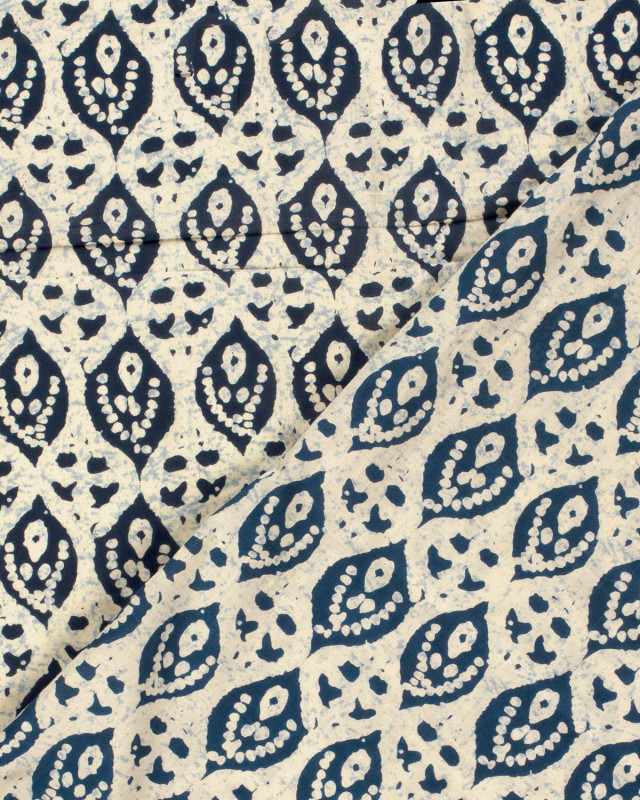 Tissu Indien : Voile de Coton  Motif Ethnique Beige et Indigo - Mercerine