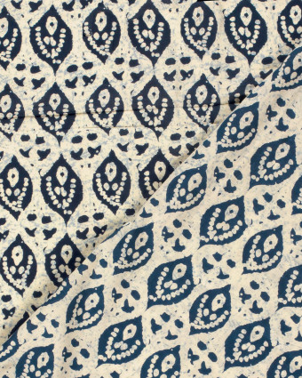 Tissu Indien : Voile de Coton  Motif Ethnique Beige et Indigo - Mercerine