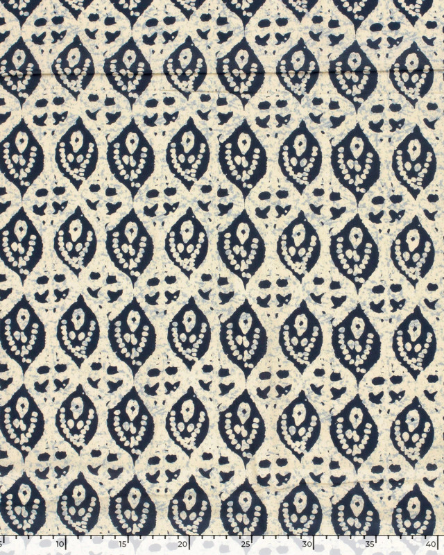 Tissu Indien : Voile de Coton  Motif Ethnique Beige et Indigo - Mercerine