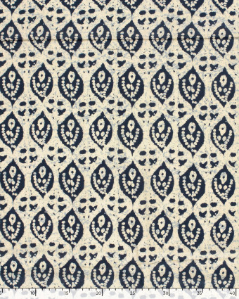 Tissu Indien : Voile de Coton  Motif Ethnique Beige et Indigo - Mercerine