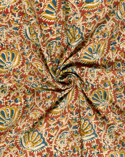 Voile de Coton  Esprit Indien Rouge Motif Fleuri Moutarde et Bleu - Mercerine