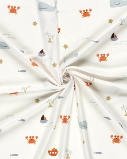 Tissu Maillot de Bain Ecru Petit Crabe et Baleine - Mercerine