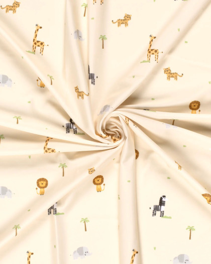 Tissu Maillot de Bain Beige Imprimé Petits Animaux de La Savane - Mercerine