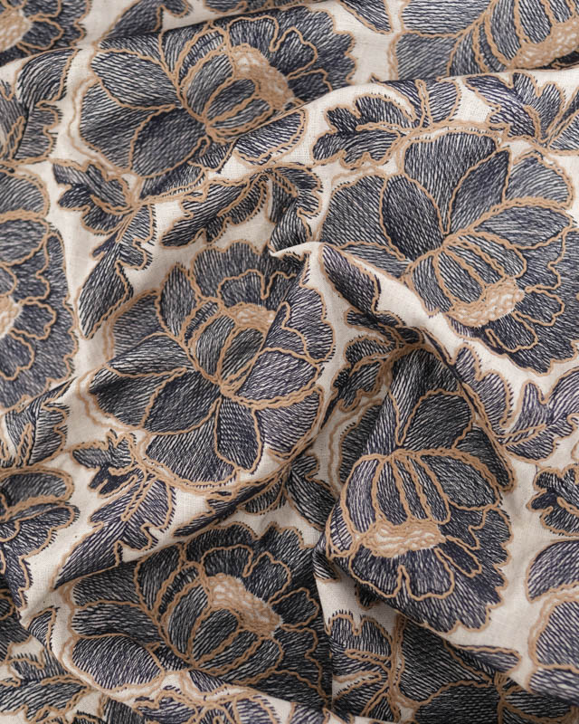 Tissu Lin Viscose Fleurs Bleu Marine Brodées Fond Naturel - Mercerine