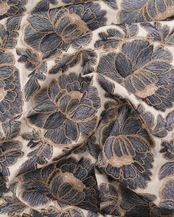 Tissu Lin Viscose Fleurs Bleu Marine Brodées Fond Naturel - Mercerine