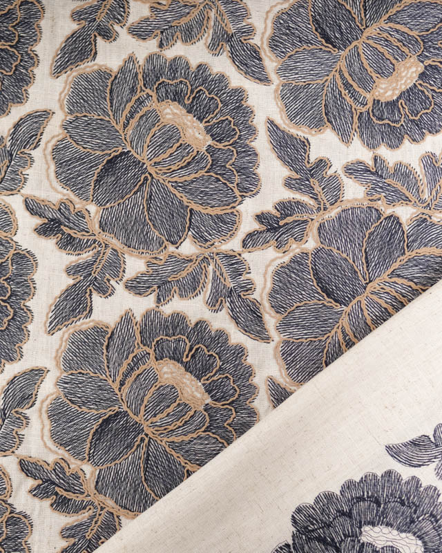 Tissu Lin Viscose Fleurs Bleu Marine Brodées Fond Naturel - Mercerine