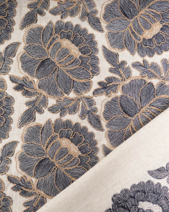 Tissu Lin Viscose Fleurs Bleu Marine Brodées Fond Naturel - Mercerine