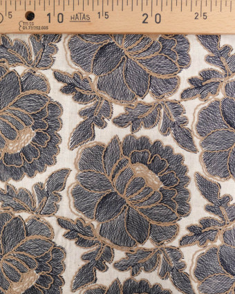 Tissu Lin Viscose Fleurs Bleu Marine Brodées Fond Naturel - Mercerine
