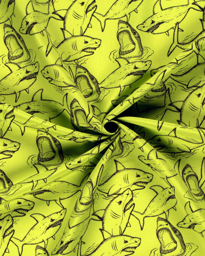 Tissu Short de Bain Déperlant Vert Citron Imprimé Requin - Mercerine